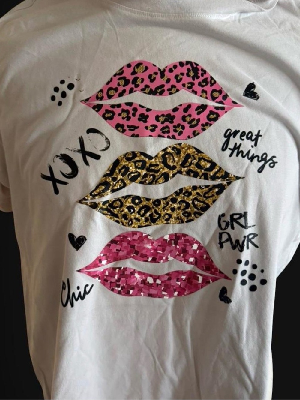 H&M White Tee with Pink and Gold Lip Prints